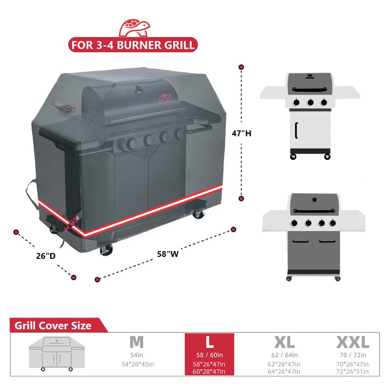 Turtle Life BBQ Grill Cover, 58 Inch Heavy Duty Waterproof 3-4 Burner Barbecue Gas Grill Covers for Weber Spirit Char-Broil Performance and Signature, Black - Image 2